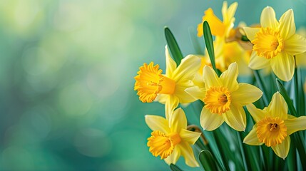 Obraz premium Panoramic spring background with closeup daffodils. Selective focus for a beautiful floral header. Perfect for websites or web banners, capturing the essence of spring