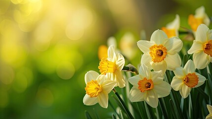 Fototapeta premium Panoramic spring background with closeup daffodils. Selective focus for a beautiful floral header. Perfect for websites or web banners, capturing the essence of spring