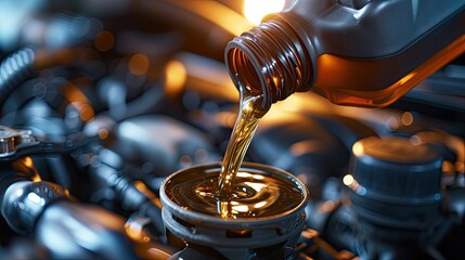Action shot of pouring new car engine oil. A banner with copy space, showcasing expert maintenance and care. Drive with confidence