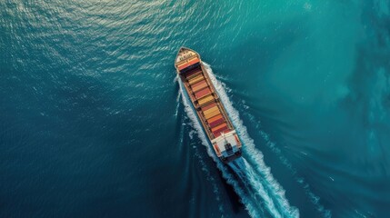 Aerial view of a cargo maritime ship with contrail, navigating the vast ocean. Perfect for discussing technology-driven freight shipping and smart service solutions