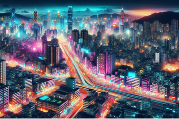 A vibrant cityscape with roads at night, illuminated by neon lights and bustling with activity - Generative AI 