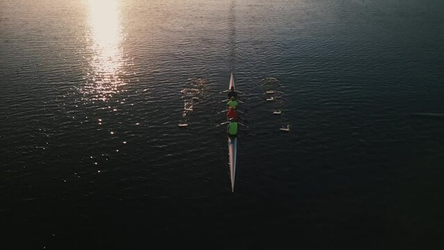 Cinematic shot of the throne group of sport canoes driven by young athletes training at sunrise in an ocean bay, Halifax, Canada.Rowing club practicing in the ocean bay at sunrise early in the morning