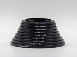 Various adapter rings for camera lens and filters
