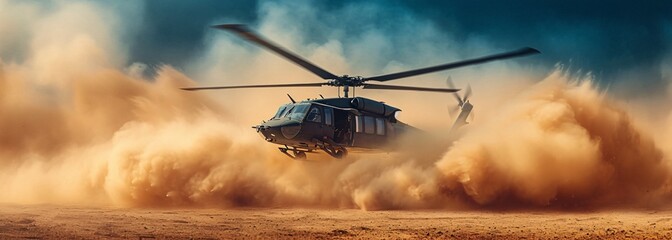 A powerful military helicopter defies gravity as its rotorcraft slices through the sky, leaving a trail of dust in its wake while transporting vital supplies to the ground below
