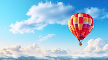 Naklejka premium Single hot air balloon gracefully flies across the vast blue sky. Perfect banner image with copy space, capturing the essence of leisure, freedom, and aerial exploration