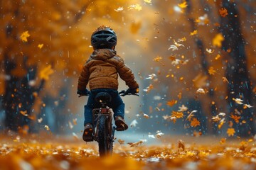A young adventurer pedals through the sky on their trusty bike, surrounded by cascading leaves and the thrill of freedom
