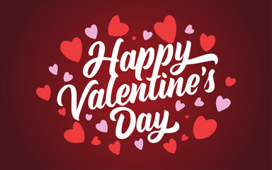 Happy Valentine's day lettering on red hearts background. Vector illustration for valentine's card
