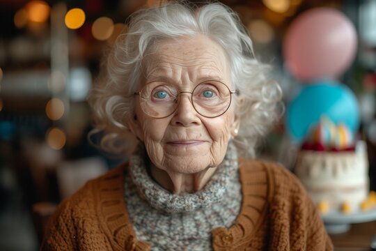 A seasoned woman exudes warmth and wisdom through her gentle smile, framed by a pair of glasses, as she radiates elegance in her indoor portrait, wearing her signature clothing and showcasing the bea