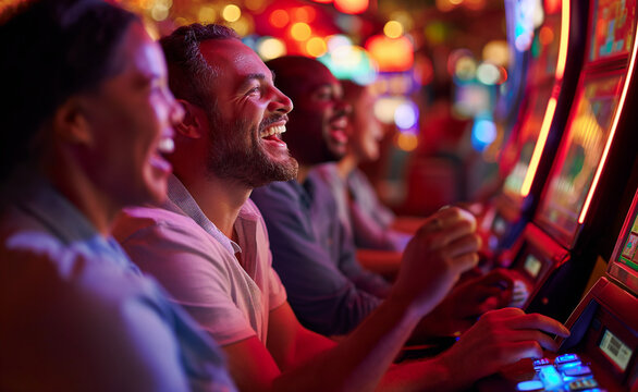 Joyful Gamblers Amidst the Glowing Machines. Slot Machine Frenzy. Excited Players.