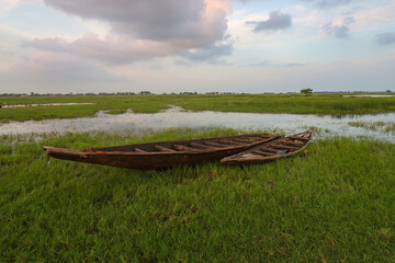 Obraz premium old wooden boats on the wetland area during autumn season in Bangladesh 