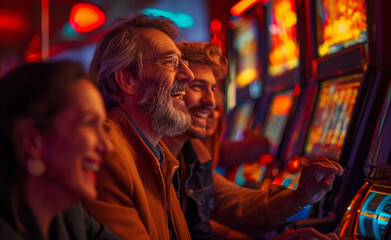 Fototapeta premium Joyful Gamblers Amidst the Glowing Machines. Slot Machine Frenzy. Excited Players.