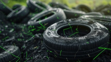 Worn-out car tires are stacked on the ground in a landfill designated for recycling, causing environmental pollution
