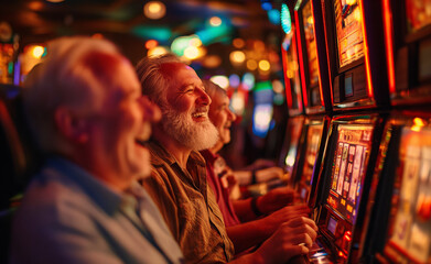 Obraz premium Joyful Gamblers Amidst the Glowing Machines. Slot Machine Frenzy. Excited Players.
