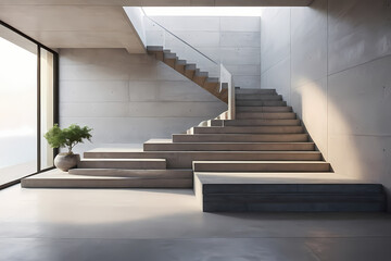 Subtle 3D staircases with minimalist concrete steps in a tranquil setting.