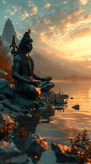 Hindu God meditates in the mountains. Ai generative - obrazy, fototapety, plakaty