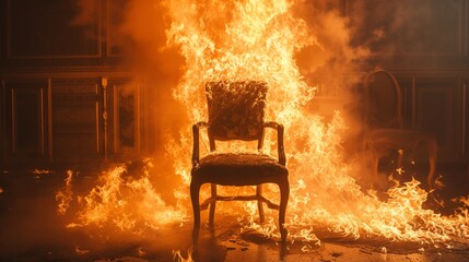 A dramatic scene with a single chair engulfed in flames inside a vintage room