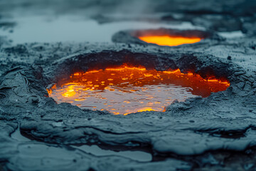 Close-up of a small volcanic crater filled with incandescent lava