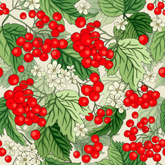 Viburnum rowan red berry flower seamless vector pattern background. Autumn floral fruit bouquet fresh forest garden illustration