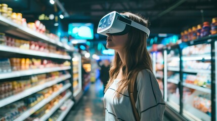 Woman wearing virtual reality glasses shopping at supermarket, new modern technology of integrated reality Online shopping and ecommerce concept.