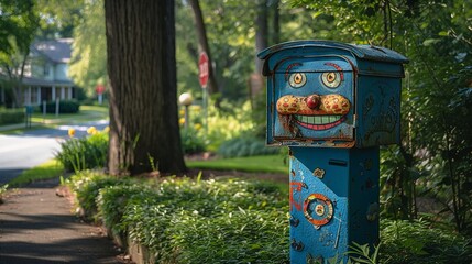 Fototapeta na wymiar Quirky wooden mailbox with a friendly cartoon face in a sunlit park