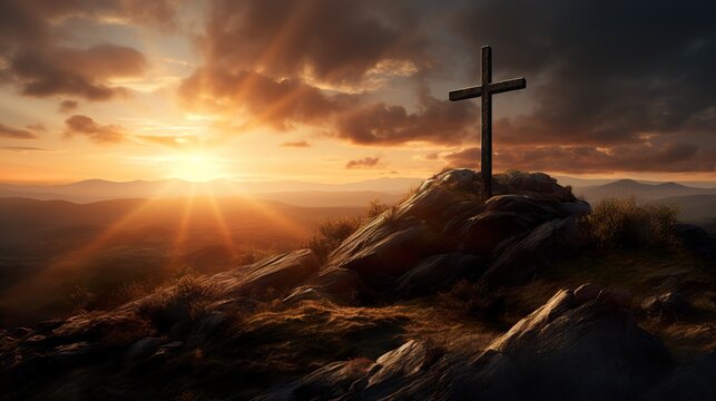 Religious christian cross crucifixion on top of mountain at sunset. AI Generative.