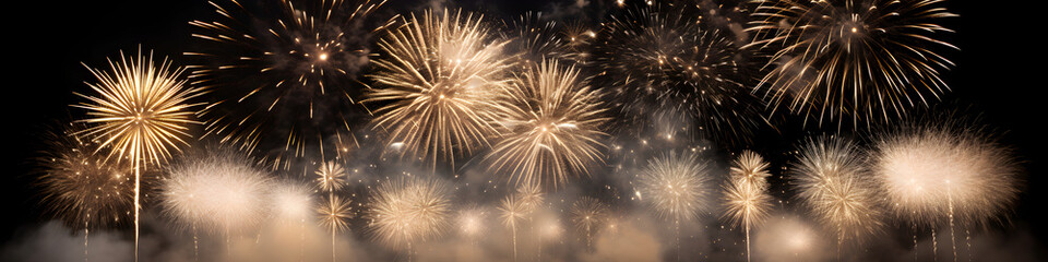 Holiday background with golden fireworks pyrotechnics on blurred background with lights, sparks and firecrackers. Summer festival Natsumatsuri, Chinese New Year. Celebration New Year's Eve, Christmas