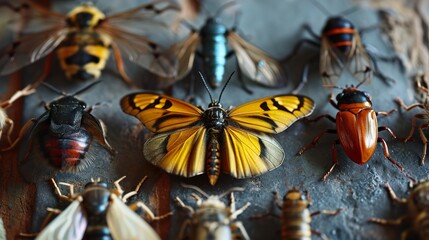 A collection of exotic insects in a display case. Ai generative