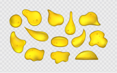 Liquid golden drops of water, honey or oil. Collagen cosmetic essence. Organic serum or argan bubbles. Falling gasoline yellow droplet.