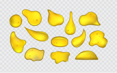 Liquid golden drops of water, honey or oil. Collagen cosmetic essence. Organic serum or argan bubbles. Falling gasoline yellow droplet.