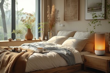 A cozy bedroom suite in a boutique hotel with a bed adorned with luxurious linens, a tray of food, and a warm lamp casting a soft glow on the wall
