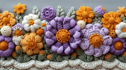 Fototapeta na wymiar a row of crocheted flowers sitting on top of a white and purple crocheted table cloth on top of a table.