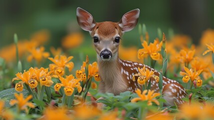 a young deer is sitting in a field of yellow flowers and looking at the camera with a curious look on his face.