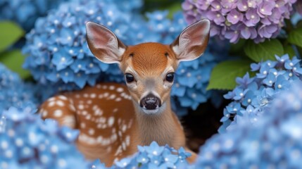 a close up of a small deer in a field of flowers with a blurry background of blue hydrangeas.