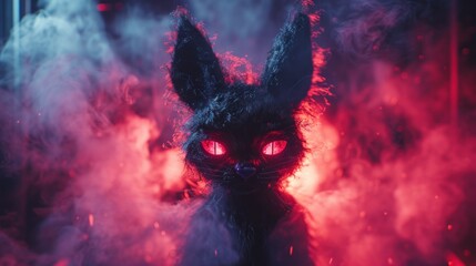 a black rabbit with glowing red eyes standing in a smoke filled area with red light coming out of its eyes. - obrazy, fototapety, plakaty