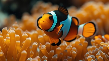 a close up of a clown fish on an orange sea anemone with a black and white stripe on it's face.