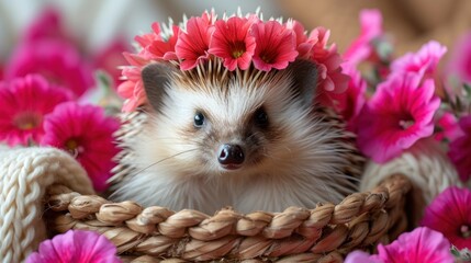 Fototapeta na wymiar a hedgehog in a basket with pink flowers on it's head and a straw hat on its head.
