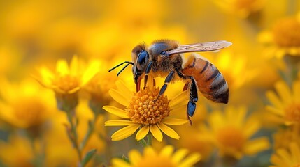 a bee sitting on a yellow flower in the middle of a field of yellow flowers with a bee on top of it.