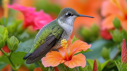 a hummingbird perched on top of a flower next to a pink flower and a green leafy plant with orange and pink flowers.