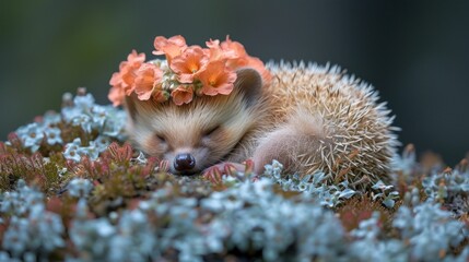 a hedgehog with a flower on it's head is sleeping on a patch of blue and pink flowers.