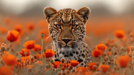 a close up of a cheetah in a field of flowers with a blurry sky in the background.