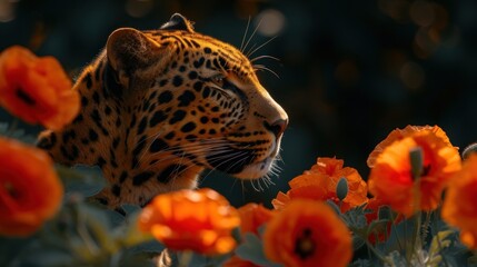 a close - up of a leopard's face in a field of orange and red flowers with a blurry background.