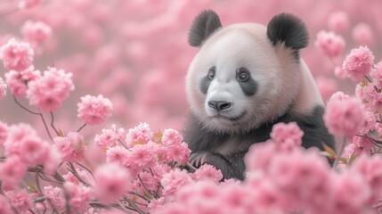 a panda bear sitting in the middle of a field of pink flowers and looking at the camera with a sad look on his face.