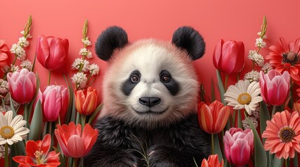 a panda bear sitting in the middle of a field of red, white and pink flowers with a pink background.