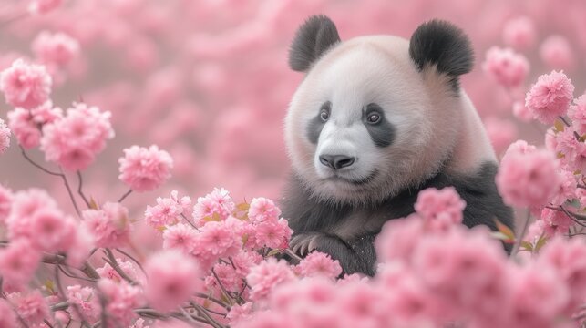 a panda bear sitting in the middle of a field of pink flowers and looking at the camera with a sad look on his face.