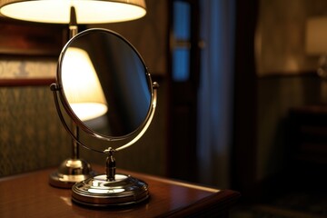 An elegant compact travel mirror on a boutique hotel's wooden nightstand, illuminated by a lamp, perfect for marketing upscale hotel rooms or luxury travel accessories