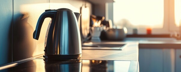 A high-quality minimalist electric kettle on a kitchen counter with morning light, suitable for advertising modern and serene kitchen appliances within the theme of "quiet luxury travelling