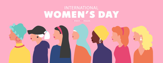 International Women's Day greeting banner. Women different nationalities. Girl power, struggle for equality, feminism, sisterhood concept. Modern festive vector illustration for 8 March celebration
