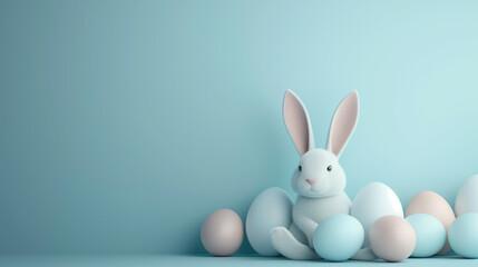 White bunny with eggs on light blue background. Easter background.