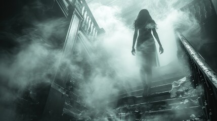 a woman walking down a flight of stairs in a foggy area with smoke coming out bottom stairs.