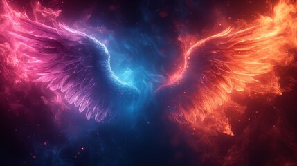 a close up of a pair of wings in the sky with a background of fire and smoke and blue and pink.